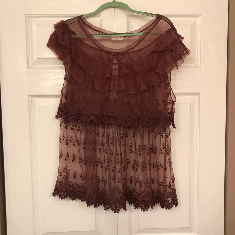 Free-People Burgundy Lace Peasant Top